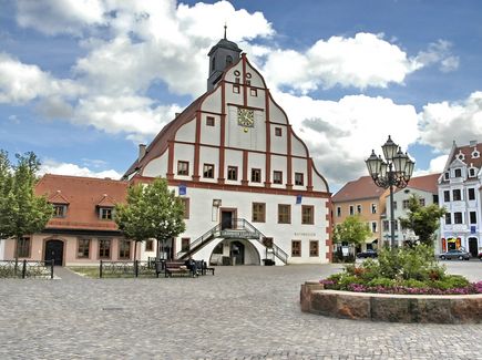 Das Rathaus der Stadt Grimma ist zu sehen. Vor dem Rathaus befindet sich der Marktplatz und neben dem Rathaus stehen Häuser.