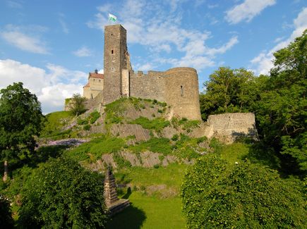 Burg Stolpen Basaltfelsen Eine Burg auf einer Anhöhe umgeben von Bäumen.