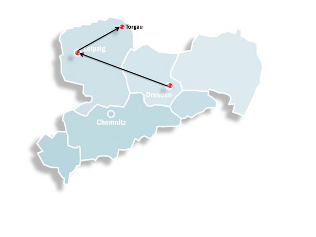 In einer Karte von Sachsen sind die Reiseziele der Gruppenreise Auf Luthers Spuren im Mutterland der Reformation eingezeichnet.