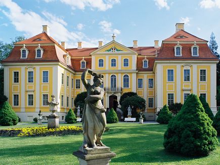 Die Vorderansicht des Barockschloss Rammenau ist abgebildet. Vor dem Schloss befindet sich ein Garten mit einer Skulptur und kleinen Bäumen. 