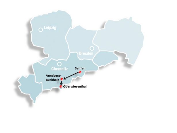 In eine Karte von Sachsen sind die Reiseziele der Gruppenreise Weihnachtsland Erzgebirge eingezeichnet.
