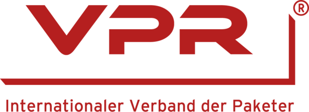 Das Logo des VPR: In der Mitte steht groß "VPR" darunter und rechts davon ist jeweils ein Strich. Unter dem horizontalen Strich steht "Internationaler Verband der Paketer".