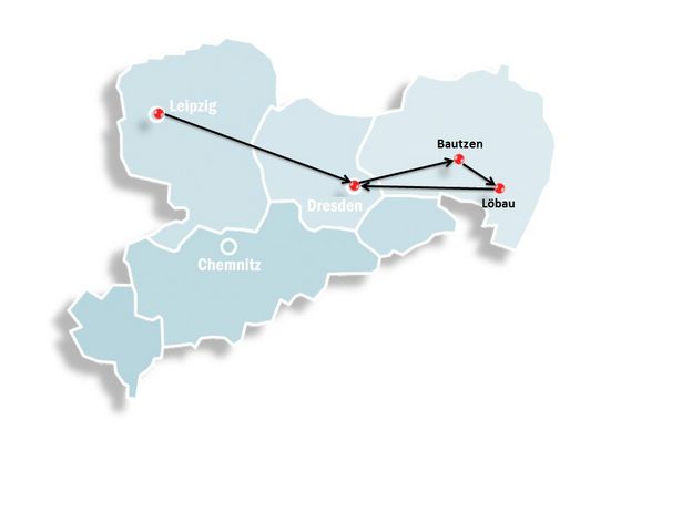 In eine Karte von Sachsen sind die Reiseziele der Gruppenreise Bauhaus eingezeichnet.