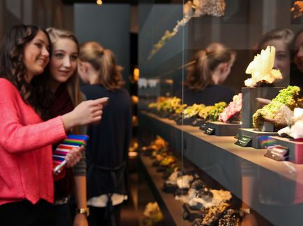 Freiberg Terra Mineralia Zwei Junge Frauen stehen vor einer Vitrine mit Steinen. Sie sind in der Terra Mineralia in Freiberg.