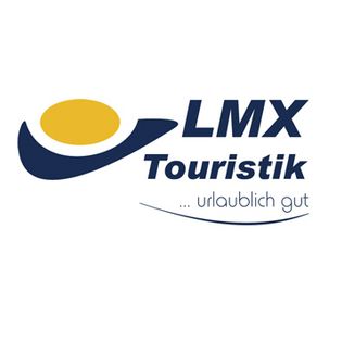 Das Logo von LMX Touristik: Links ist ein Kreis und eine Welle unter dem Kreis. Rechts daneben steht "LMX Touristik ... urlaublich gut".