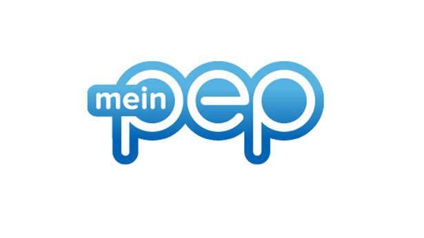 Das Logo von mein pep: In der Mitte steht groß "pep" und in das erste P ist "mein" hineingeschrieben.