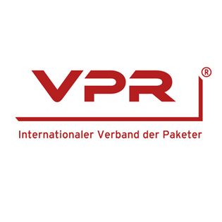 Das Logo des VPR: In der Mitte steht groß "VPR" darunter und rechts davon ist jeweils ein Strich. Unter dem horizontalen Strich steht "Internationaler Verband der Paketer".