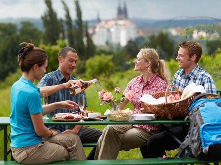Meissen Vier Personen sitzen an einem Tisch mit Sekt und Essen, mit der Albrechtsburg Meissen im Hintergrund