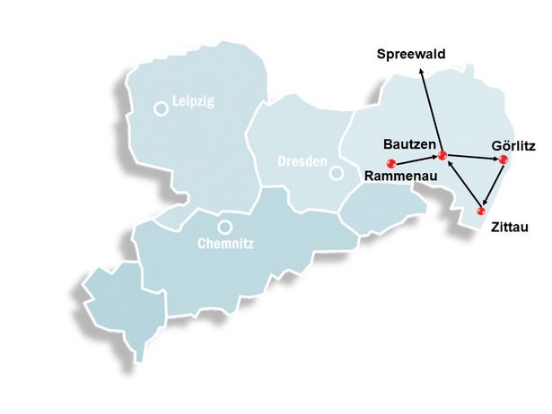In eine Karte von Sachsen sind die Reiseziele der Gruppenreise Osten, Oesterlich, Oberlausitz eingetragen.