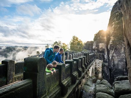 Sächsische Schweiz Bastei Menschen schauen von der Basteibrücke in der Sächsischen Schweiz herunter in die Landschaft.