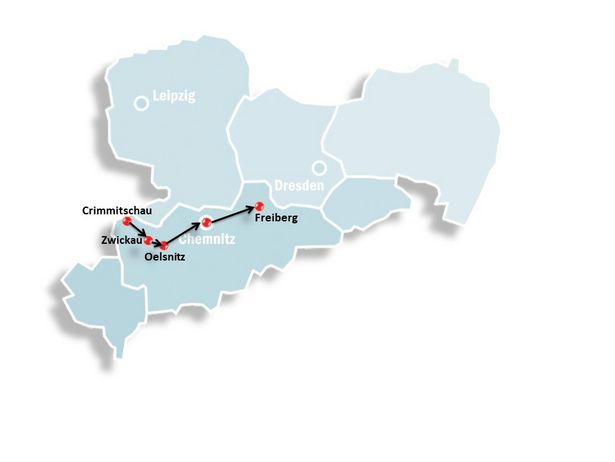 In eine Karte von Sachsen sind die Reiseziele der Gruppenreise Industriekultur eingezeichnet.