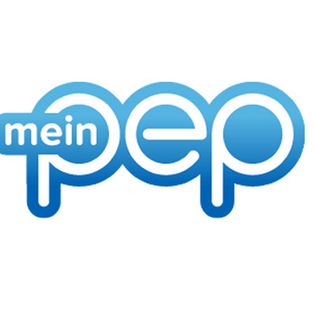 Das Logo von mein pep: In der Mitte steht groß "pep" und in das erste P ist "mein" hineingeschrieben.